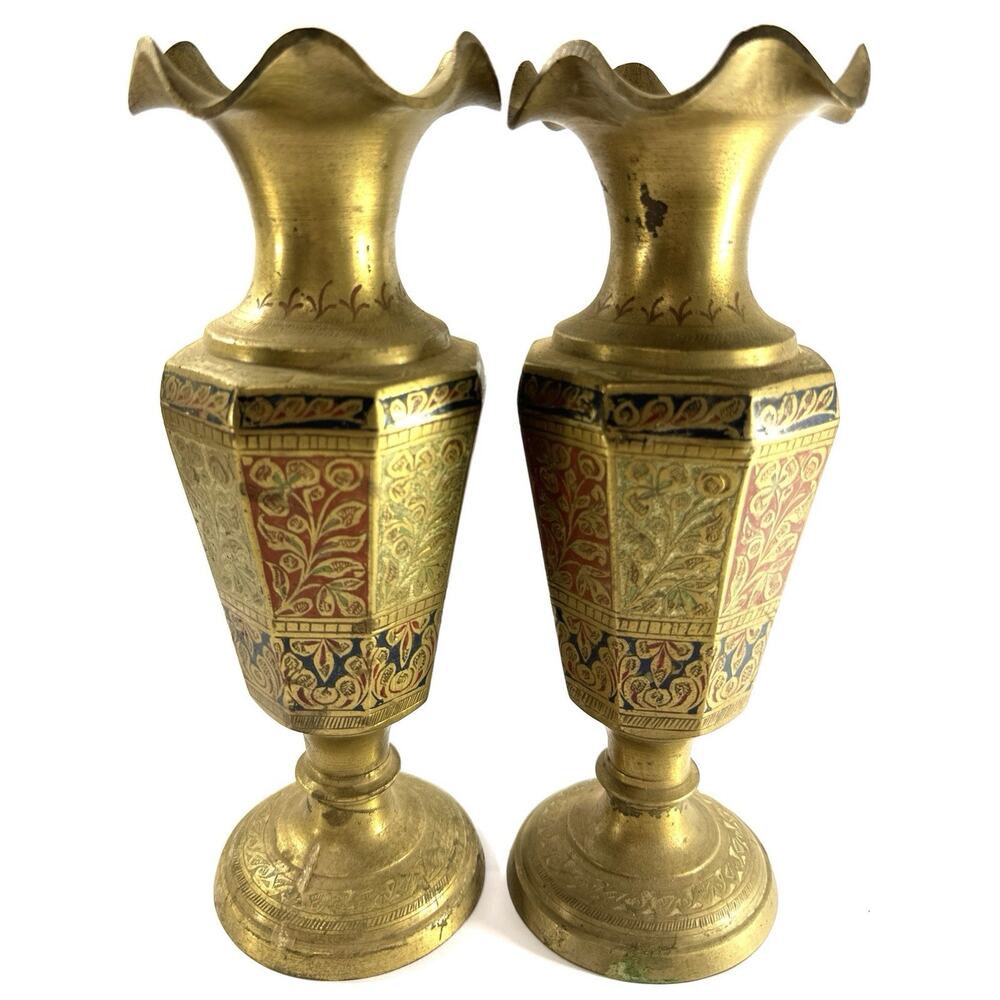 Vintage Indian Brass Enamel Vases 9.5” Pair Hand Etched Floral Boho - Picture 4 of 8